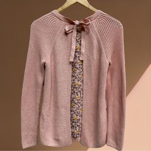 Ann Taylor LOFT Light Pink Medium Knit Mixed Media Floral Bow Back Sweater XS